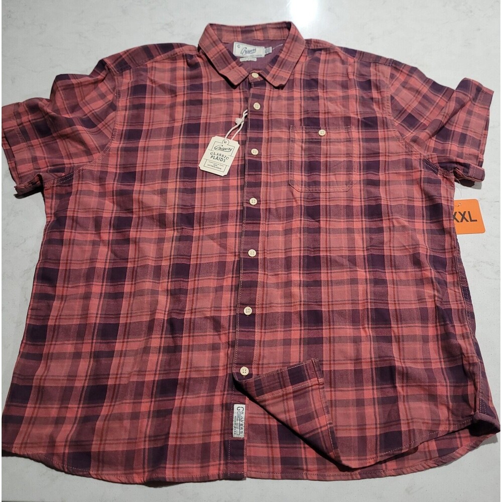 NWT Grayers Classic Plaid Button-Up Short Sleeve Shirt Red 2XL